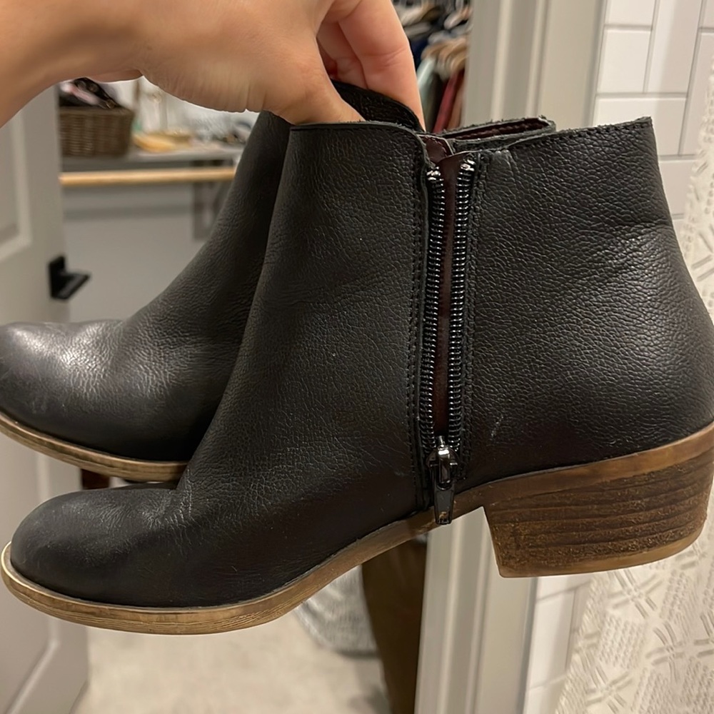 Black booties with brown heel
